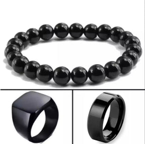 Black Combo Deal 3 In 1 Big Bracelet 1 Ring & 1 Black Chala For Men & Boys